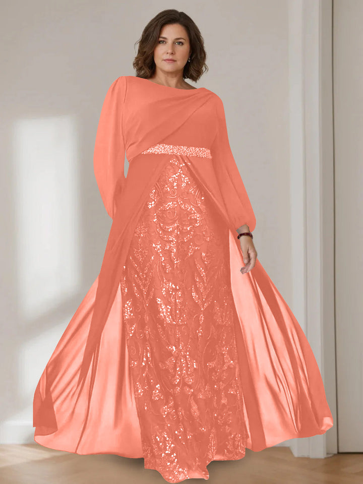A-Line/Princess Scoop Long Sleeves Floor-Length Plus Size Mother of the Bride Dresses with Sequins