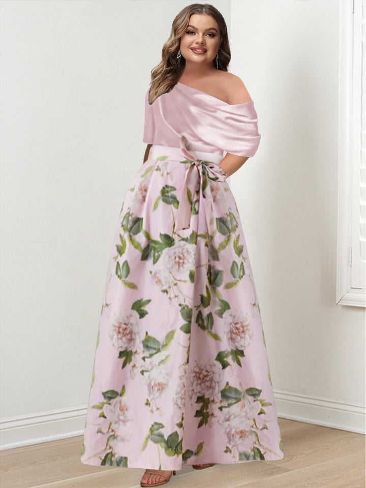 A-Line/Princess One-shoulder Printed Flower Plus Size Mother of the Bride Dresses with Bow Belt