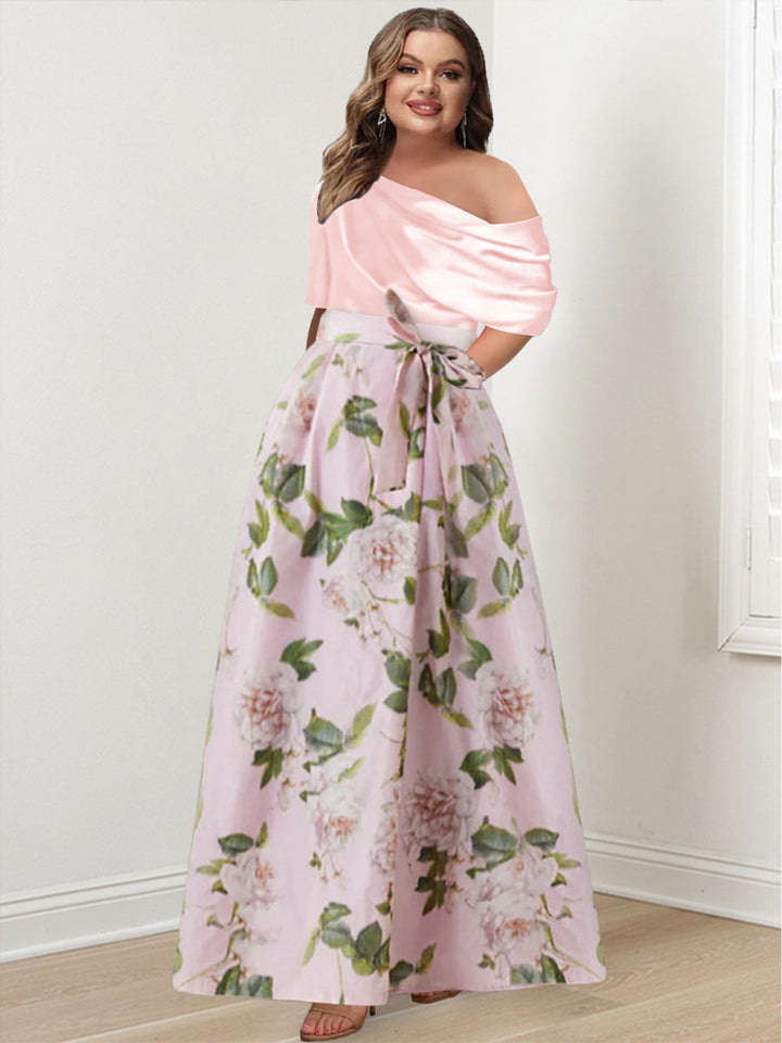 A-Line/Princess One-shoulder Printed Flower Plus Size Mother of the Bride Dresses with Bow Belt