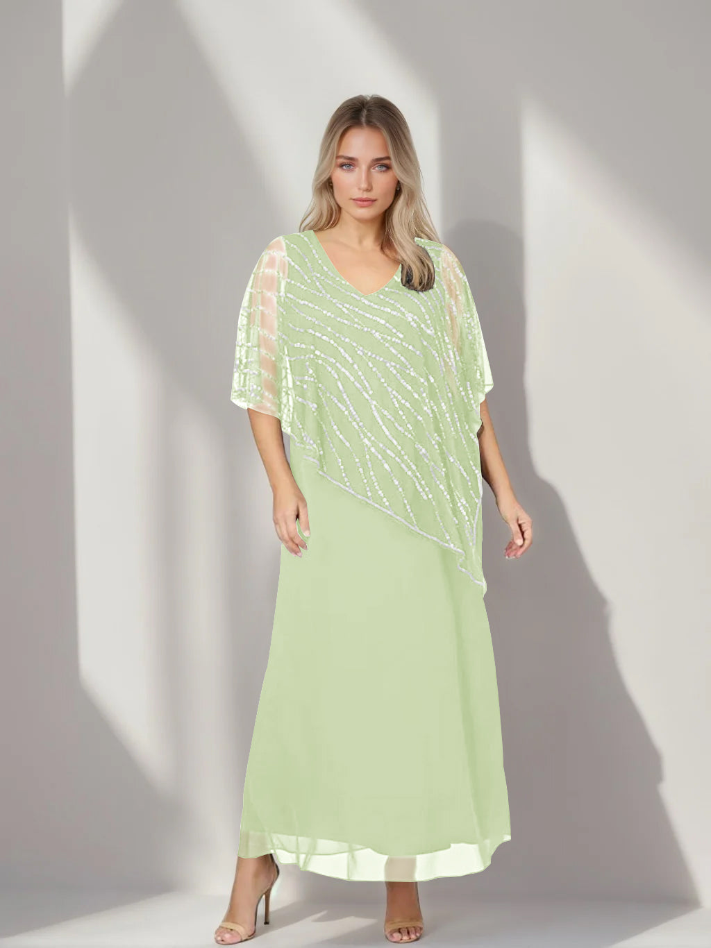 A-Line/Princess V-Neck Half Sleeves Ankle-Length Plus Size Mother of the Bride Dresses with Asymmetrical Cape Popover