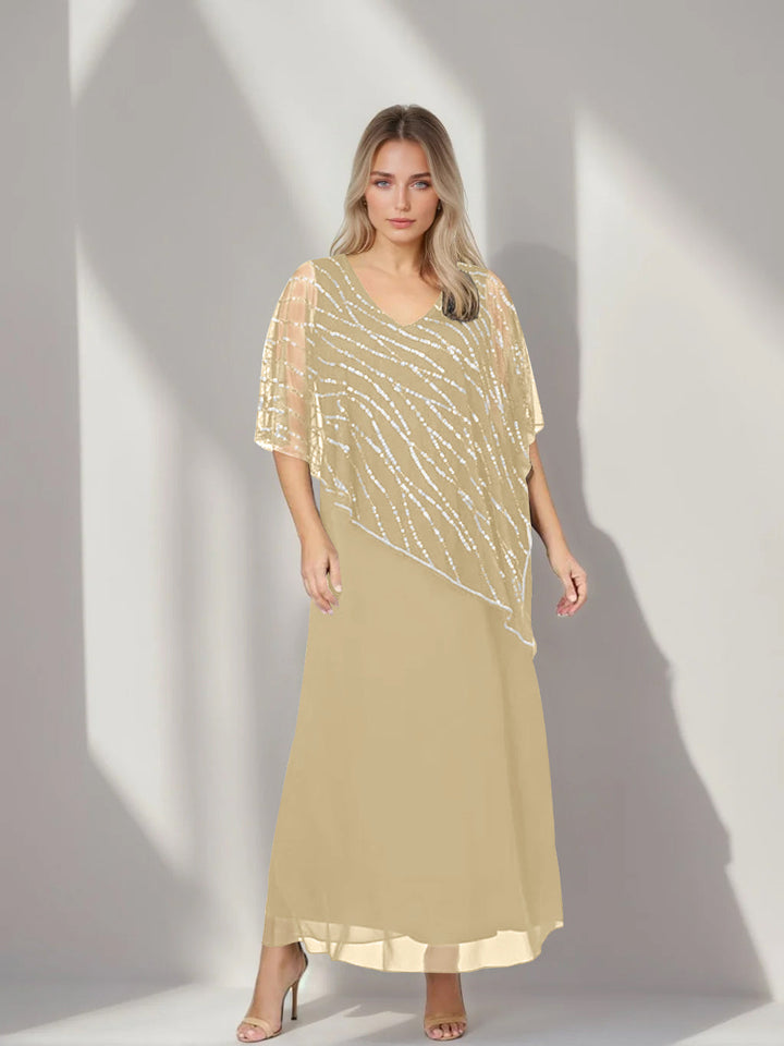 A-Line/Princess V-Neck Half Sleeves Ankle-Length Plus Size Mother of the Bride Dresses with Asymmetrical Cape Popover