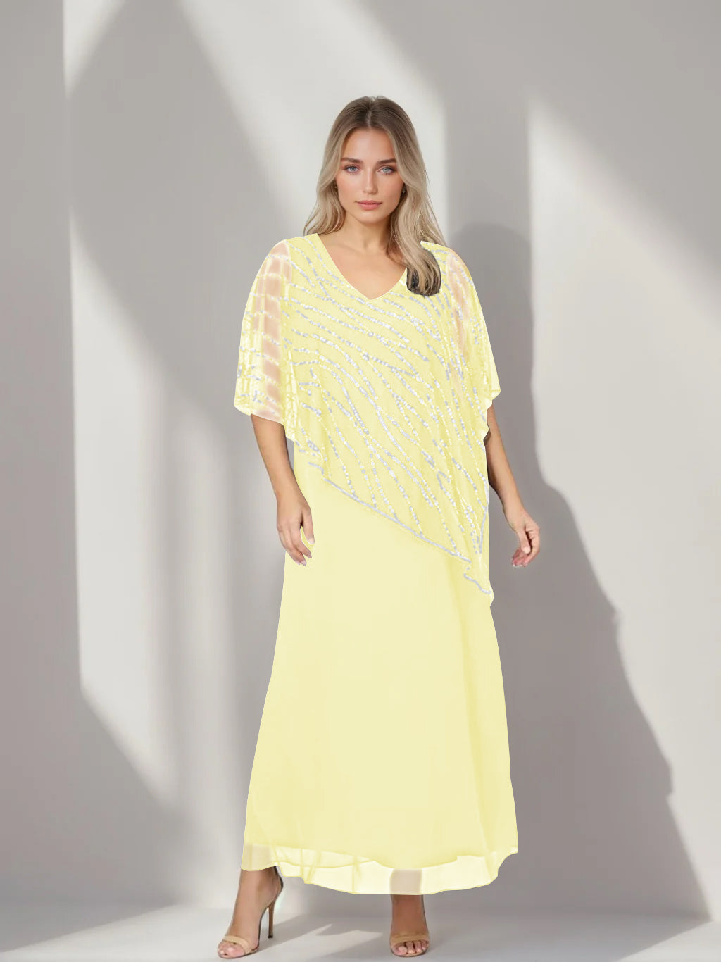 A-Line/Princess V-Neck Half Sleeves Ankle-Length Plus Size Mother of the Bride Dresses with Asymmetrical Cape Popover