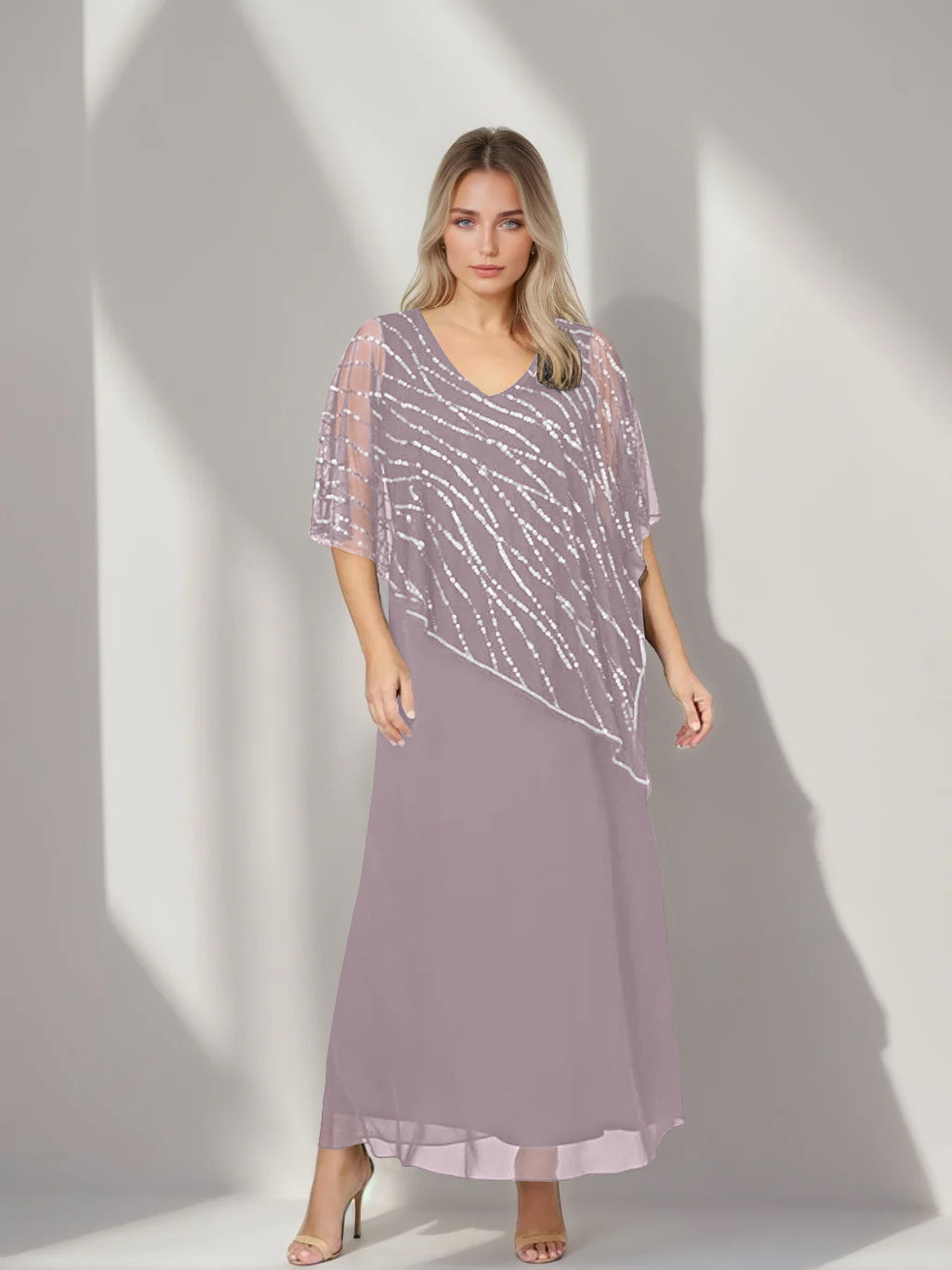 A-Line/Princess V-Neck Half Sleeves Ankle-Length Plus Size Mother of the Bride Dresses with Asymmetrical Cape Popover