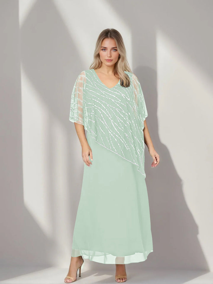 A-Line/Princess V-Neck Half Sleeves Ankle-Length Plus Size Mother of the Bride Dresses with Asymmetrical Cape Popover