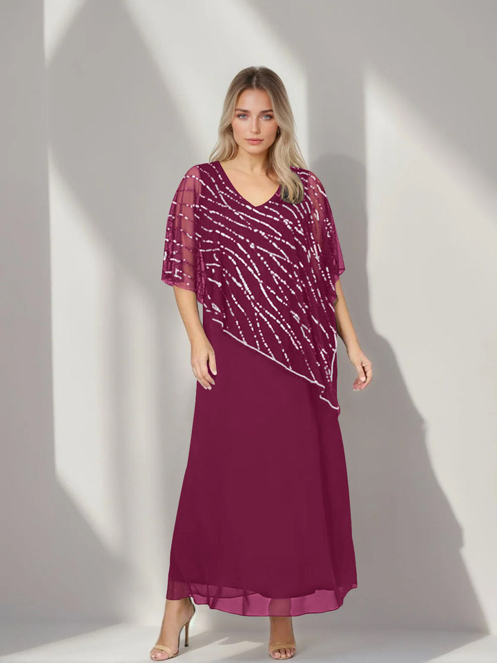 A-Line/Princess V-Neck Half Sleeves Ankle-Length Plus Size Mother of the Bride Dresses with Asymmetrical Cape Popover