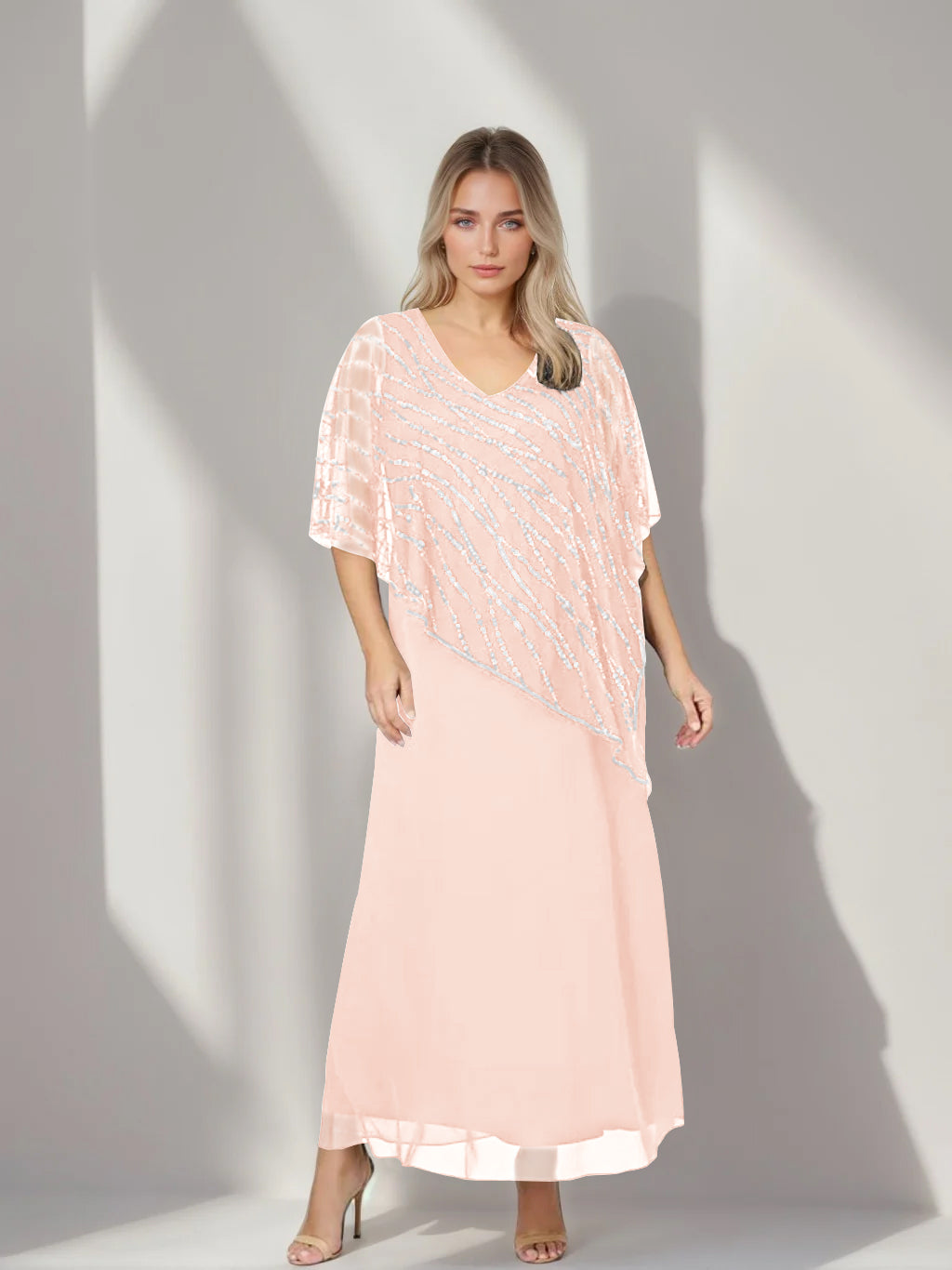 A-Line/Princess V-Neck Half Sleeves Ankle-Length Plus Size Mother of the Bride Dresses with Asymmetrical Cape Popover