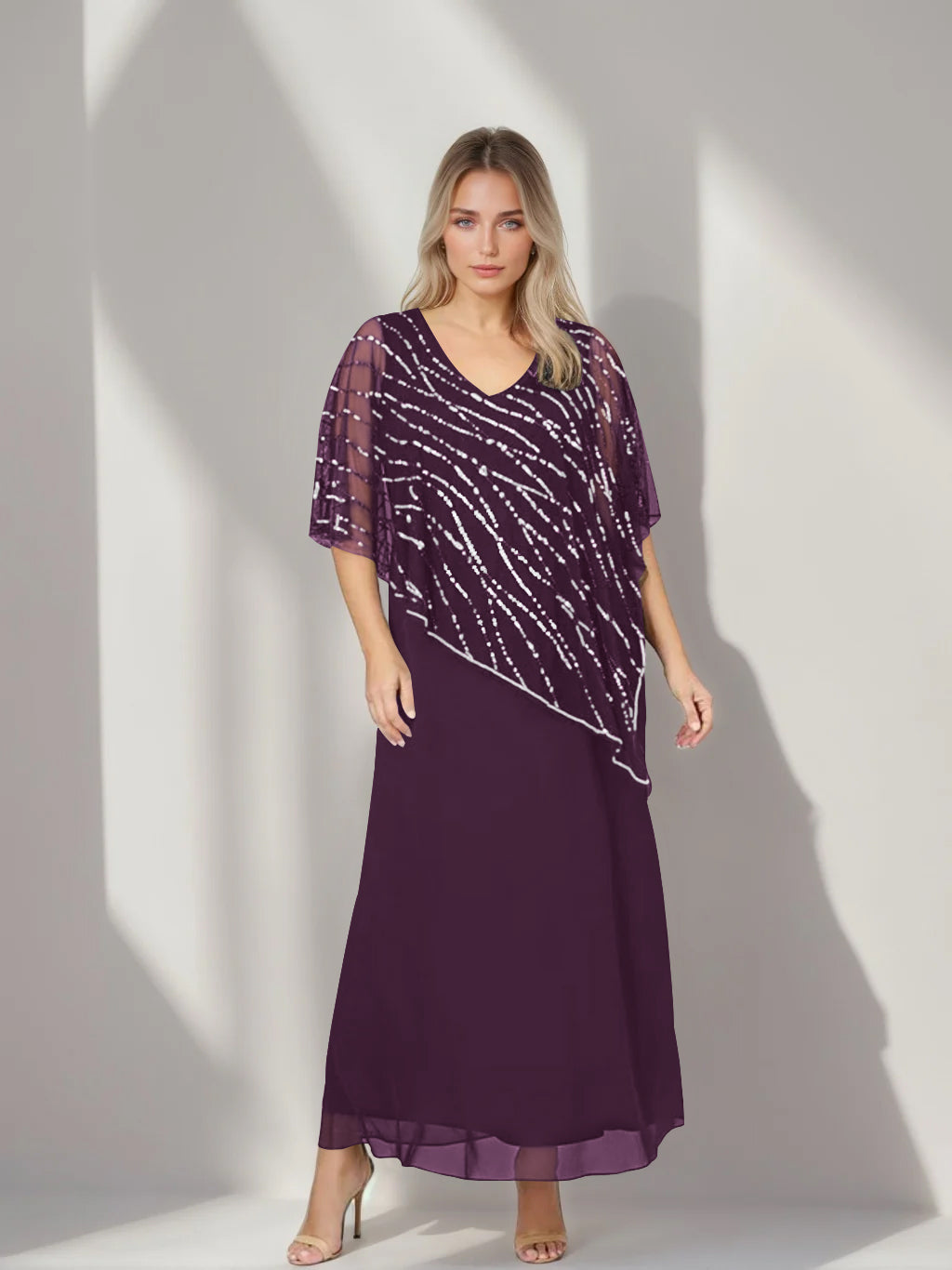 A-Line/Princess V-Neck Half Sleeves Ankle-Length Plus Size Mother of the Bride Dresses with Asymmetrical Cape Popover