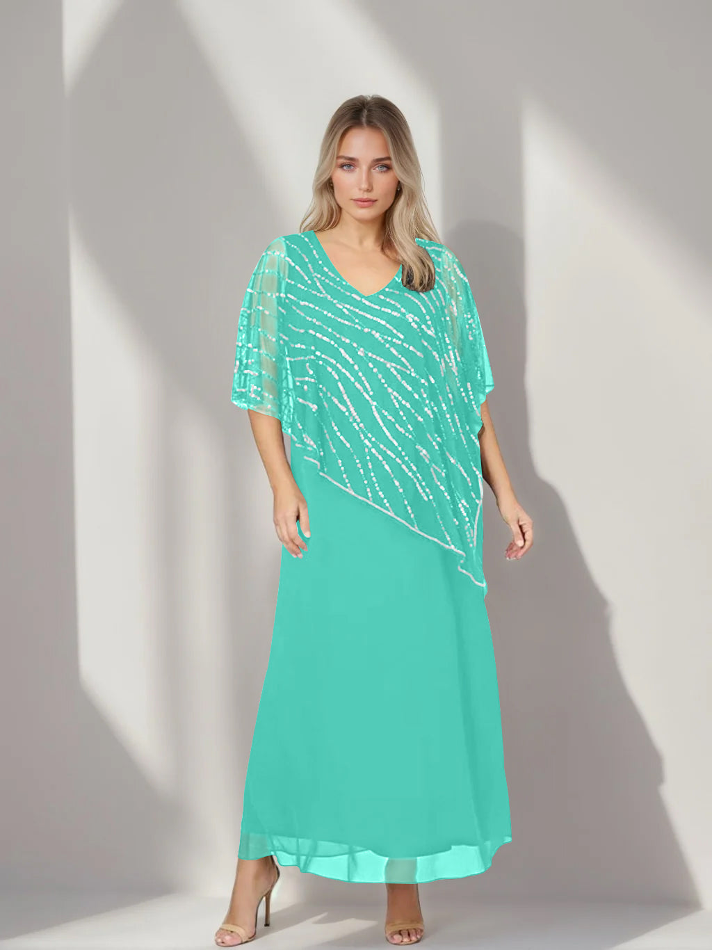 A-Line/Princess V-Neck Half Sleeves Ankle-Length Plus Size Mother of the Bride Dresses with Asymmetrical Cape Popover