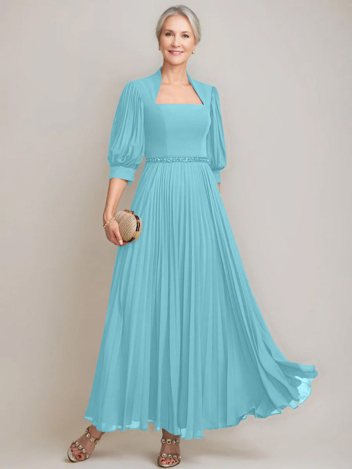 A-line/Princess Queen Anne Neckline Ankle-Length Pleated Mother of the Bride Dresses with Sequins & Beads