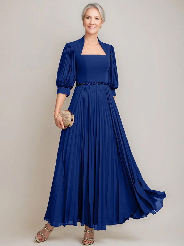 A-line/Princess Queen Anne Neckline Ankle-Length Pleated Mother of the Bride Dresses with Sequins & Beads
