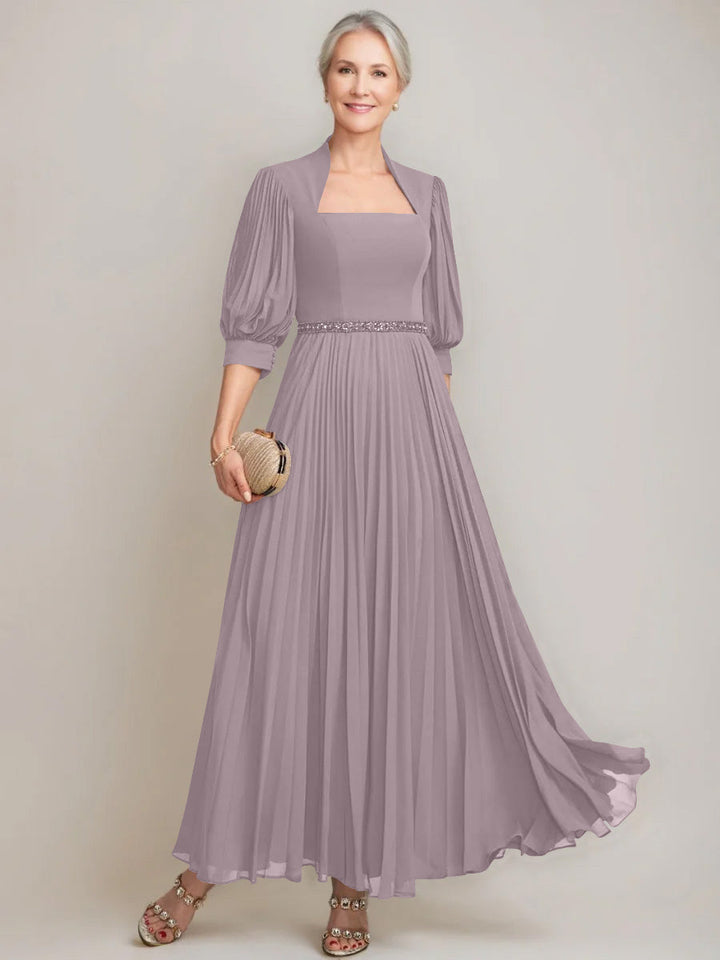 A-line/Princess Queen Anne Neckline Ankle-Length Pleated Mother of the Bride Dresses with Sequins & Beads