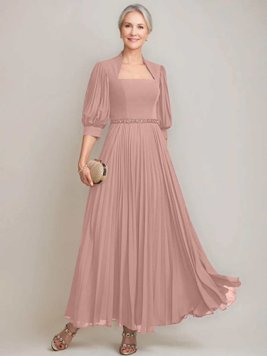 A-line/Princess Queen Anne Neckline Ankle-Length Pleated Mother of the Bride Dresses with Sequins & Beads