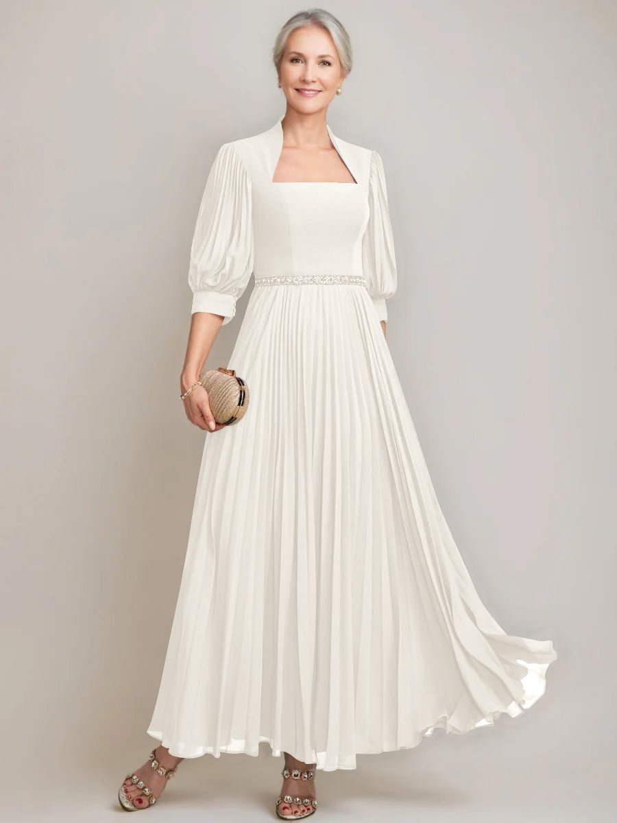 A-line/Princess Queen Anne Neckline Ankle-Length Pleated Mother of the Bride Dresses with Sequins & Beads