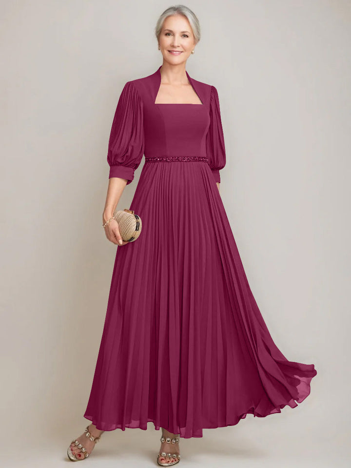A-line/Princess Queen Anne Neckline Ankle-Length Pleated Mother of the Bride Dresses with Sequins & Beads