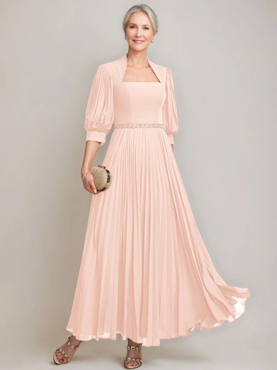 A-line/Princess Queen Anne Neckline Ankle-Length Pleated Mother of the Bride Dresses with Sequins & Beads