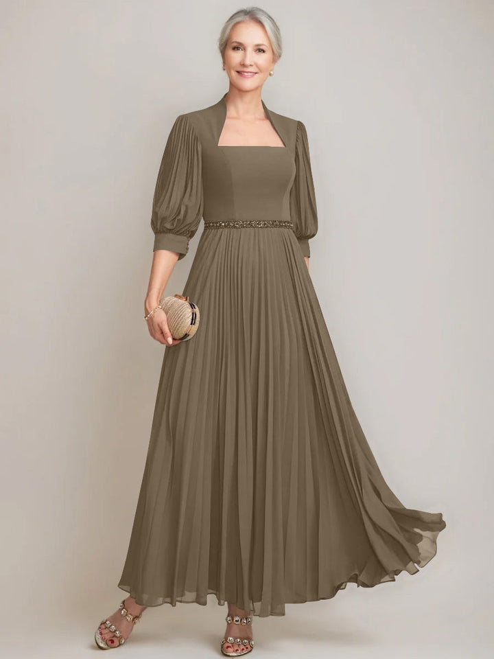 A-line/Princess Queen Anne Neckline Ankle-Length Pleated Mother of the Bride Dresses with Sequins & Beads