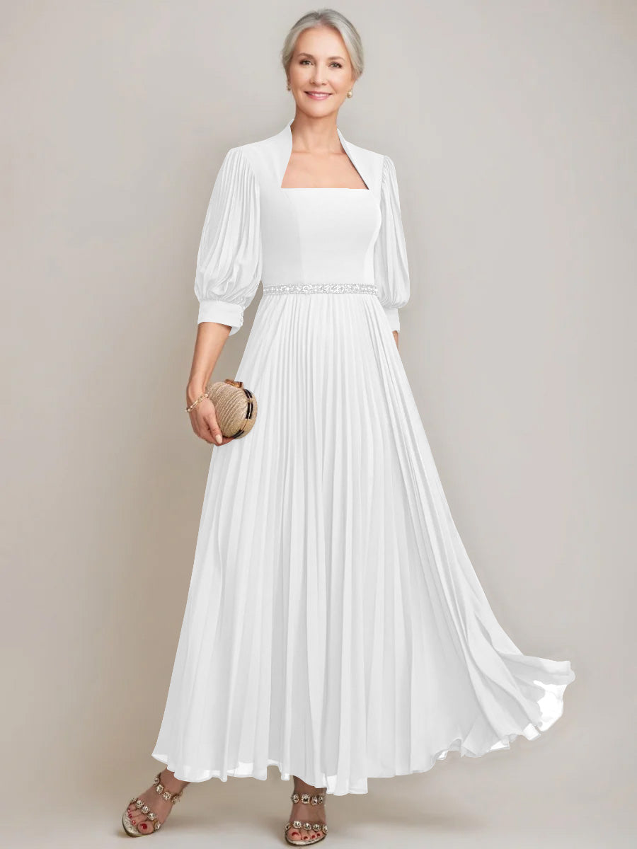 A-line/Princess Queen Anne Neckline Ankle-Length Pleated Mother of the Bride Dresses with Sequins & Beads