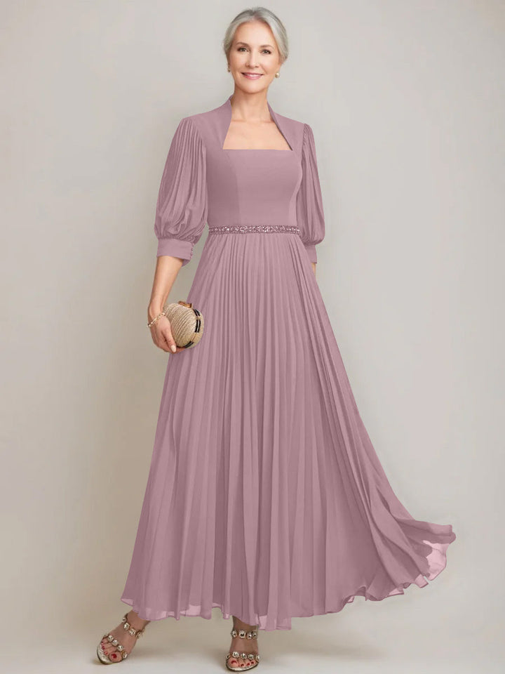 A-line/Princess Queen Anne Neckline Ankle-Length Pleated Mother of the Bride Dresses with Sequins & Beads