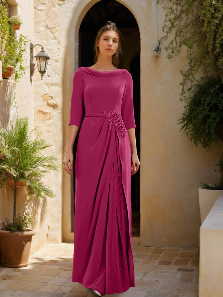 Sheath/Column Cowl Neck 3/4 Sleeves Floor-Length Mother of the Bride Dresses with Tulle & Sash & Slit & Jewel Appliques