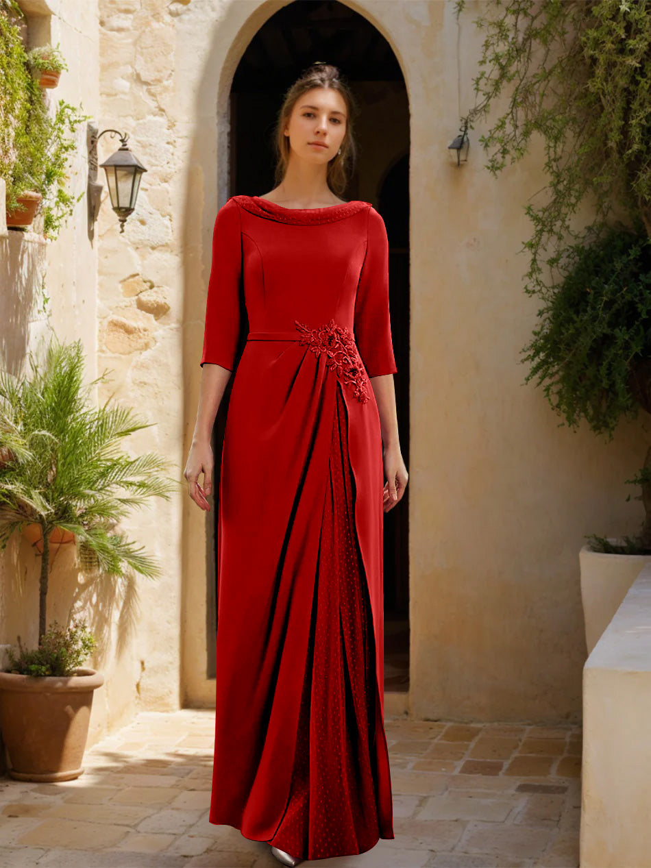 Sheath/Column Cowl Neck 3/4 Sleeves Floor-Length Mother of the Bride Dresses with Tulle & Sash & Slit & Jewel Appliques