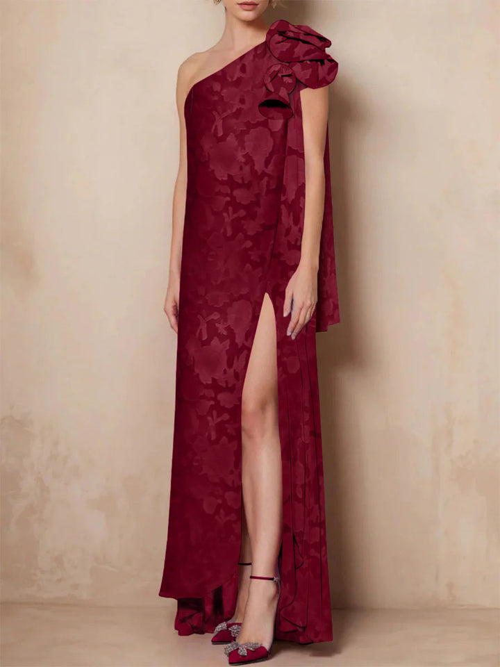 A-Line/Princess One-Shoulder Sleeveless Floor-Length Rose Lace Applique Mother of the Bride Dresses with Split Side