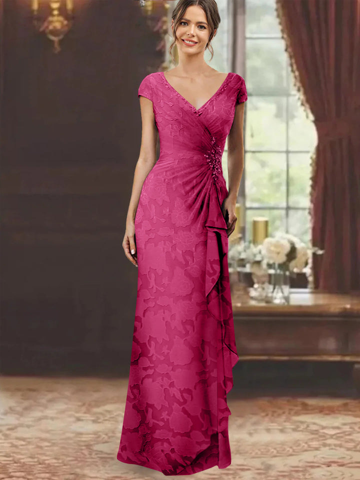 Sheath/Column V-Neck Short Sleeves Floor-Length Rose Lace Applique Mother of the Bride Dresses With Ruffles & Sequins