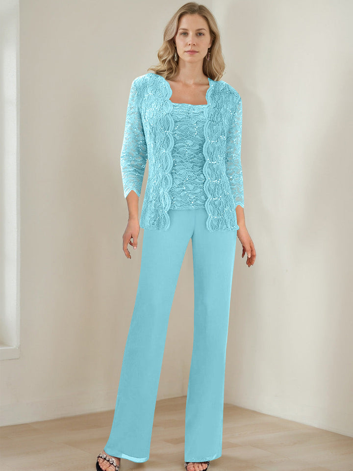 3 Pieces Square Neck 3/4 Sleeves Floor-Length Mother of the Bride Pantsuits with Sequins
