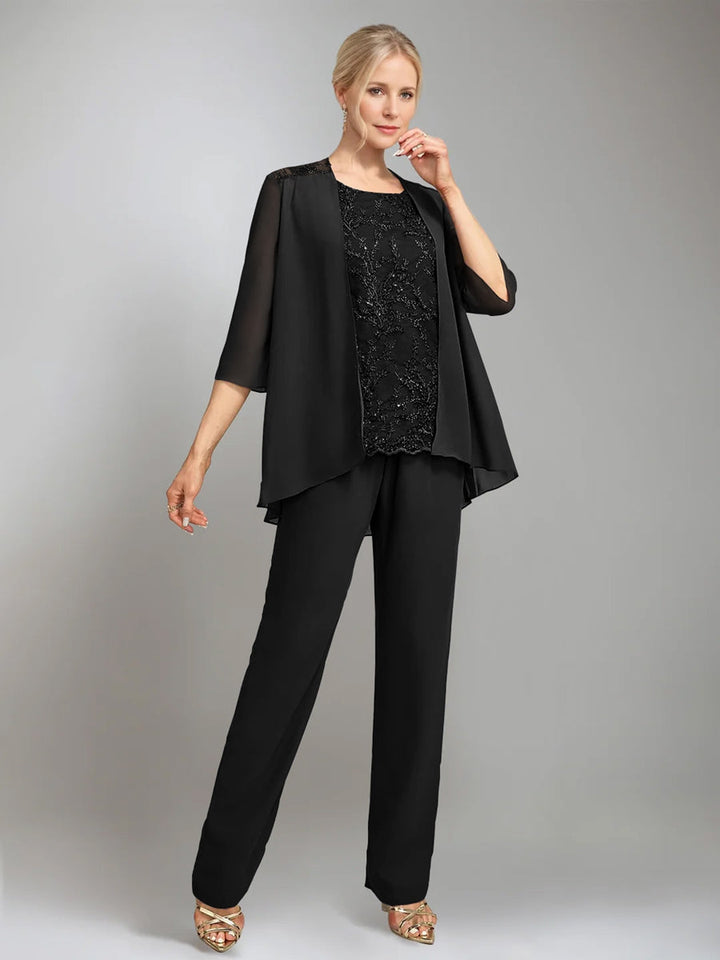 3 Pieces Scoop Sleeveless Floor-Length Mother of the Bride Pantsuits with Jacket