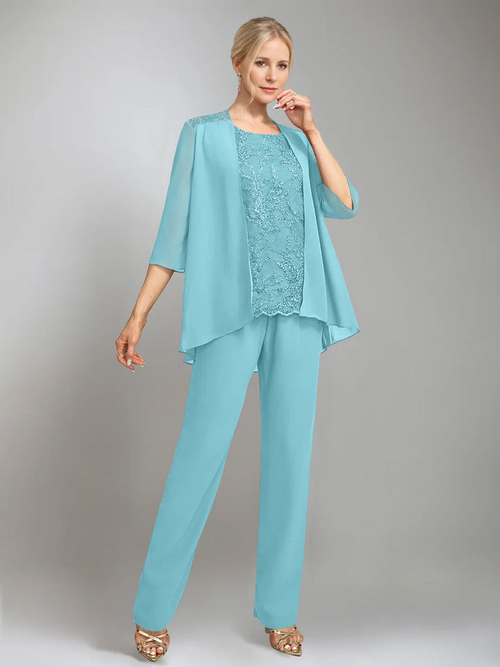 3 Pieces Scoop Sleeveless Floor-Length Mother of the Bride Pantsuits with Jacket