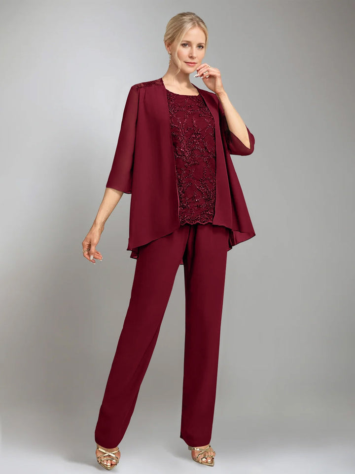 3 Pieces Scoop Sleeveless Floor-Length Mother of the Bride Pantsuits with Jacket