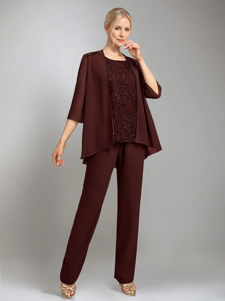 3 Pieces Scoop Sleeveless Floor-Length Mother of the Bride Pantsuits with Jacket