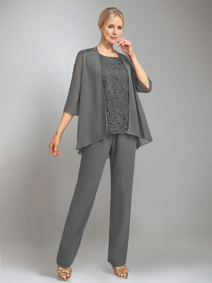 3 Pieces Scoop Sleeveless Floor-Length Mother of the Bride Pantsuits with Jacket