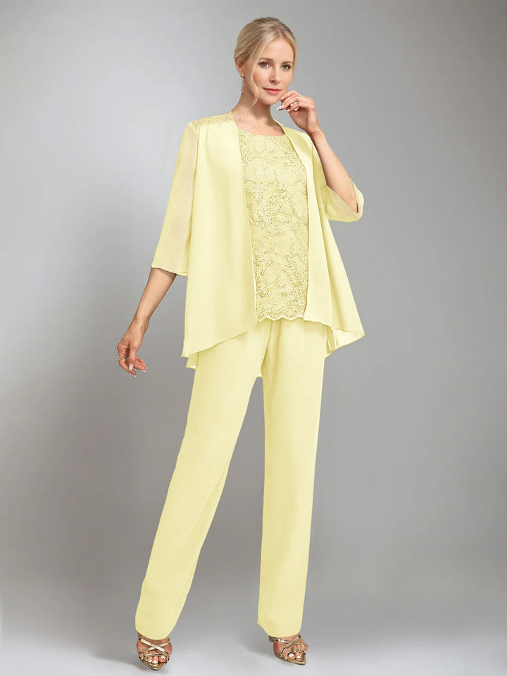 3 Pieces Scoop Sleeveless Floor-Length Mother of the Bride Pantsuits with Jacket