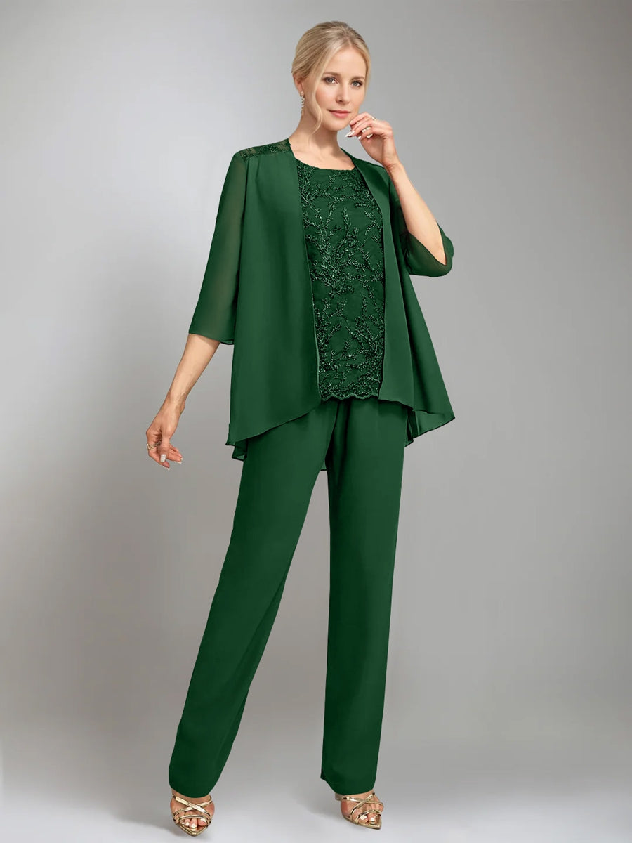 3 Pieces Scoop Sleeveless Floor-Length Mother of the Bride Pantsuits with Jacket