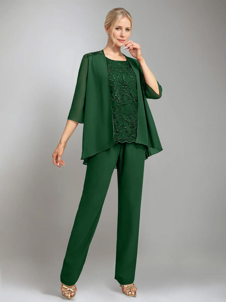 3 Pieces Scoop Sleeveless Floor-Length Mother of the Bride Pantsuits with Jacket