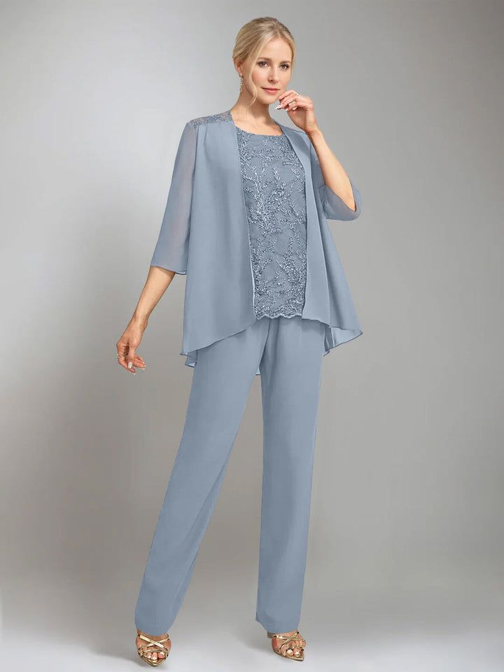 3 Pieces Scoop Sleeveless Floor-Length Mother of the Bride Pantsuits with Jacket