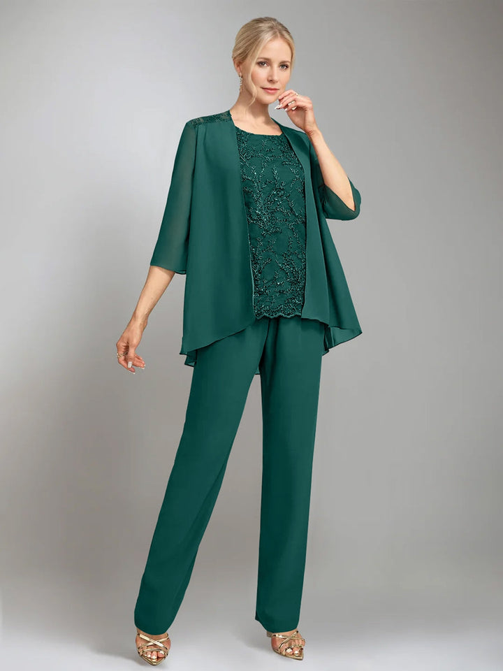 3 Pieces Scoop Sleeveless Floor-Length Mother of the Bride Pantsuits with Jacket