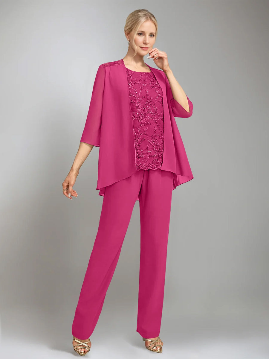 3 Pieces Scoop Sleeveless Floor-Length Mother of the Bride Pantsuits with Jacket