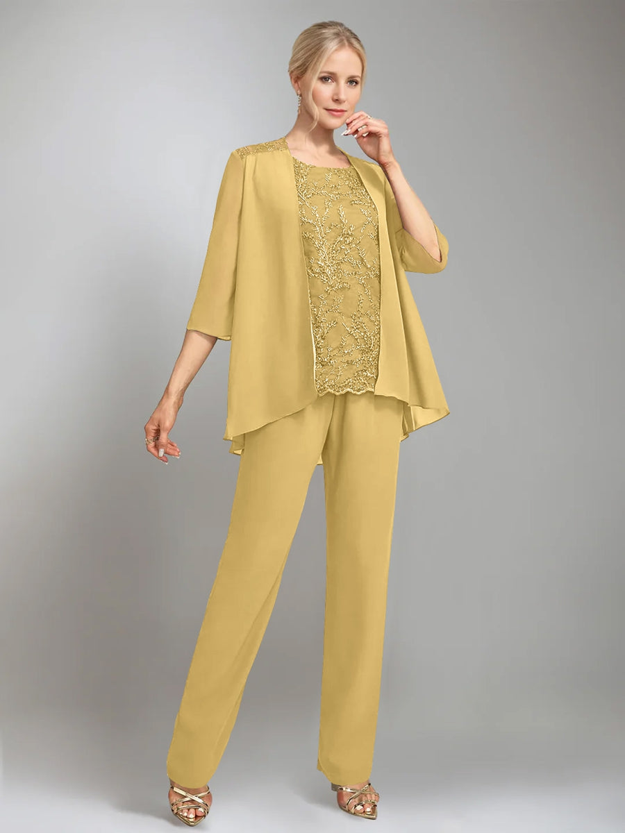 3 Pieces Scoop Sleeveless Floor-Length Mother of the Bride Pantsuits with Jacket