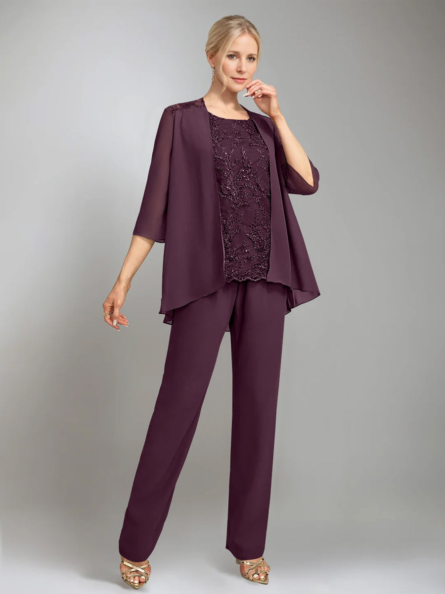 3 Pieces Scoop Sleeveless Floor-Length Mother of the Bride Pantsuits with Jacket