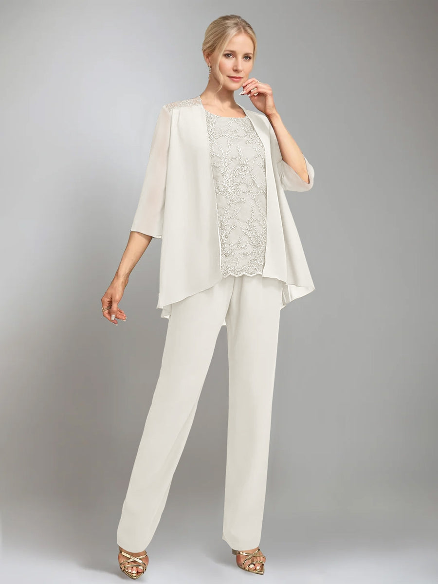 3 Pieces Scoop Sleeveless Floor-Length Mother of the Bride Pantsuits with Jacket