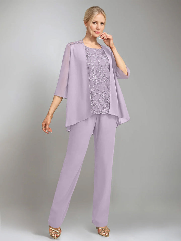 3 Pieces Scoop Sleeveless Floor-Length Mother of the Bride Pantsuits with Jacket