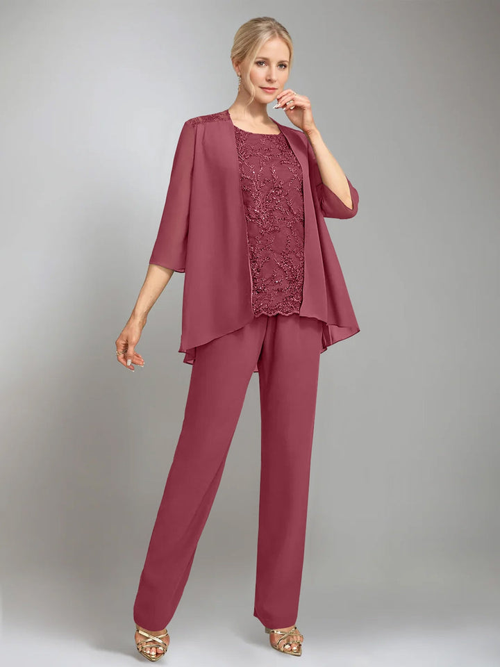 3 Pieces Scoop Sleeveless Floor-Length Mother of the Bride Pantsuits with Jacket