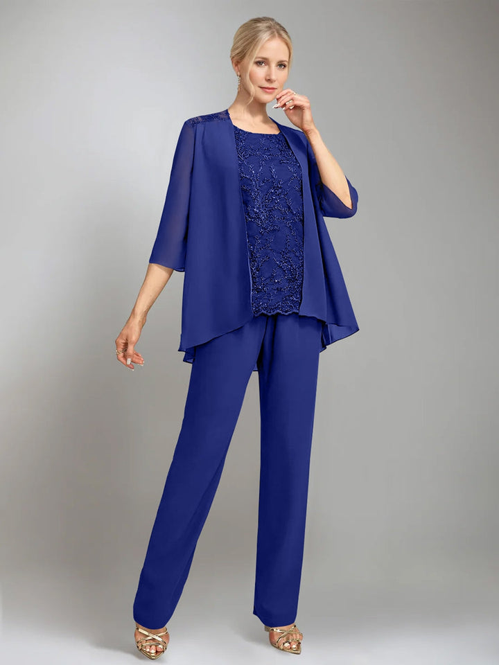 3 Pieces Scoop Sleeveless Floor-Length Mother of the Bride Pantsuits with Jacket