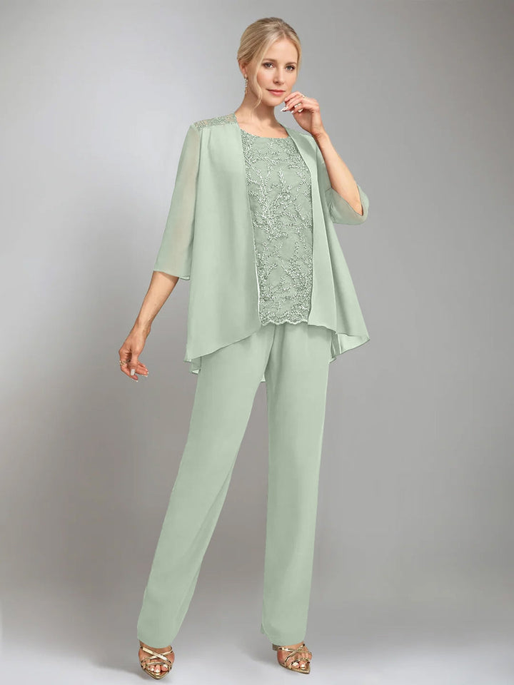 3 Pieces Scoop Sleeveless Floor-Length Mother of the Bride Pantsuits with Jacket