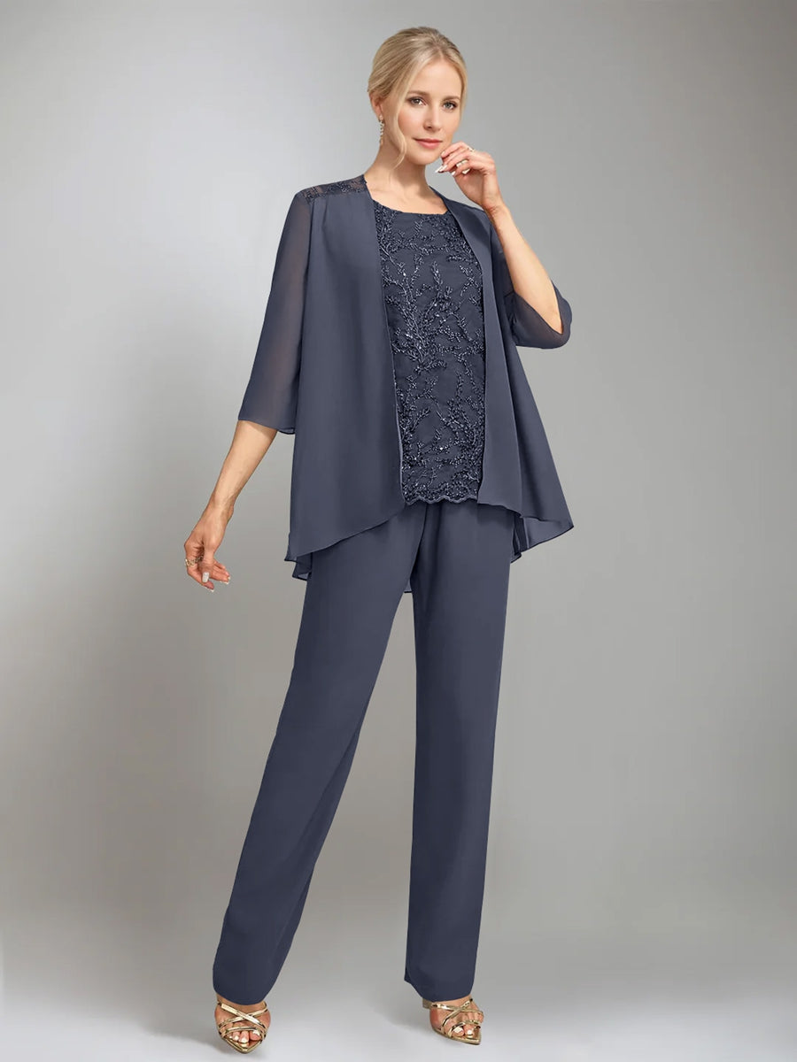 3 Pieces Scoop Sleeveless Floor-Length Mother of the Bride Pantsuits with Jacket