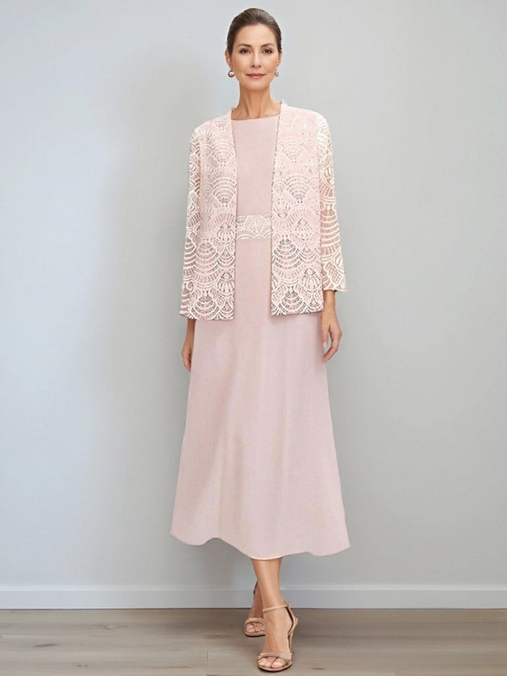 A-Line/Princess Jewel Neck Tea Length Mother of the Bride Dresses with Jacket & Lace