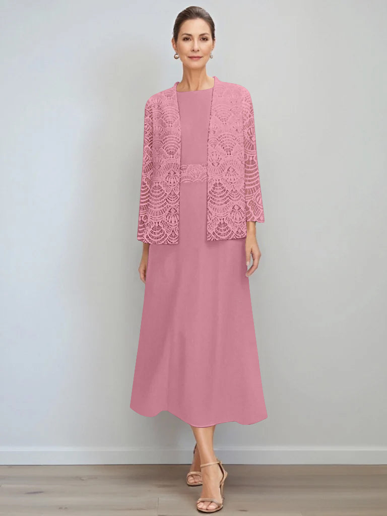 A-Line/Princess Jewel Neck Tea Length Mother of the Bride Dresses with Jacket & Lace
