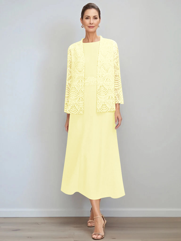 A-Line/Princess Jewel Neck Tea Length Mother of the Bride Dresses with Jacket & Lace