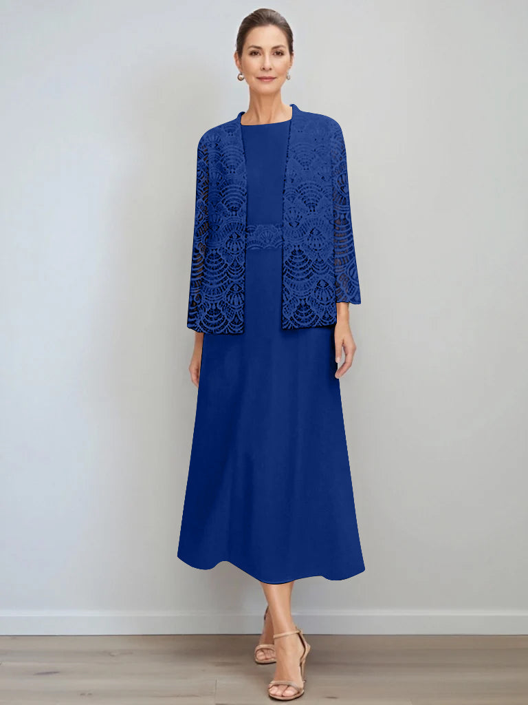 A-Line/Princess Jewel Neck Tea Length Mother of the Bride Dresses with Jacket & Lace